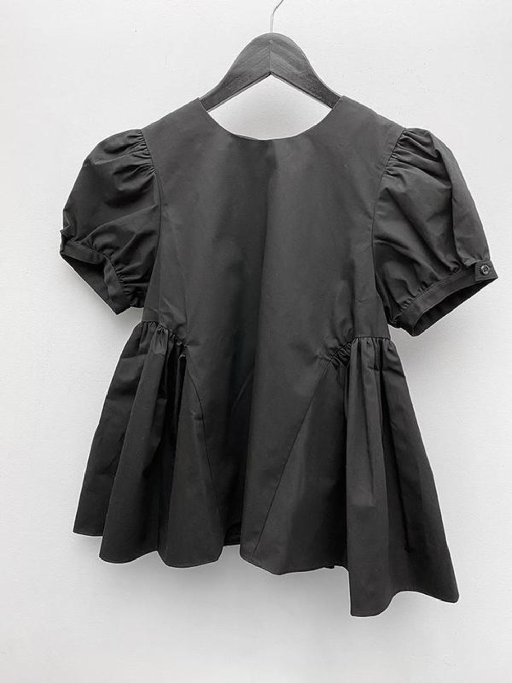 Sandy Liang “Comfbo” Black Puff Sleeve Peplum Top - Classic Women's Blouse